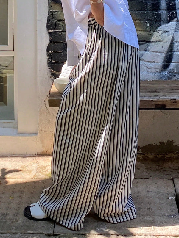 Dazy pantalones casuales informales de pierna ancha con cintura con cordon a rayas para mujer
