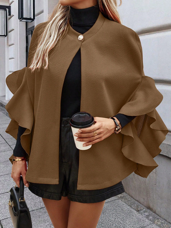 Clasi abrigo de lana elegante con cuello vuelto y abotonadura sencilla, en unicolor, para mujer, para otono/invierno