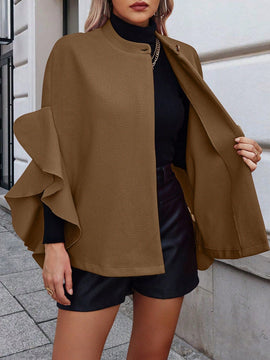 Clasi 1 pieza abrigo elegante de lana con un solo abotonadura, bajo con volantes y unicolor para mujer, otono/invierno