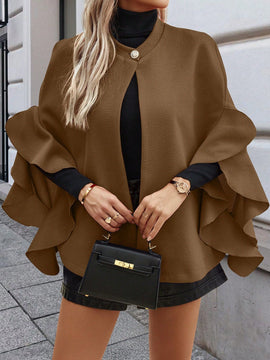 Clasi 1 pieza abrigo elegante de lana con un solo abotonadura, bajo con volantes y unicolor para mujer, otono/invierno