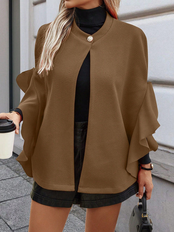 Clasi chaqueta de lana elegante con volantes y parches de un solo abotonado de unicolor para mujer, para otono/invierno