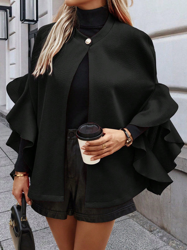 Clasi abrigo de lana elegante con cuello vuelto y abotonadura sencilla, en unicolor, para mujer, para otono/invierno
