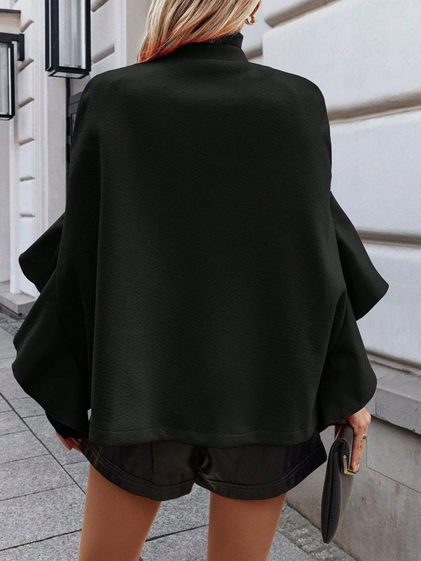 Clasi chaqueta de lana elegante con volantes y parches de un solo abotonado de unicolor para mujer, para otono/invierno