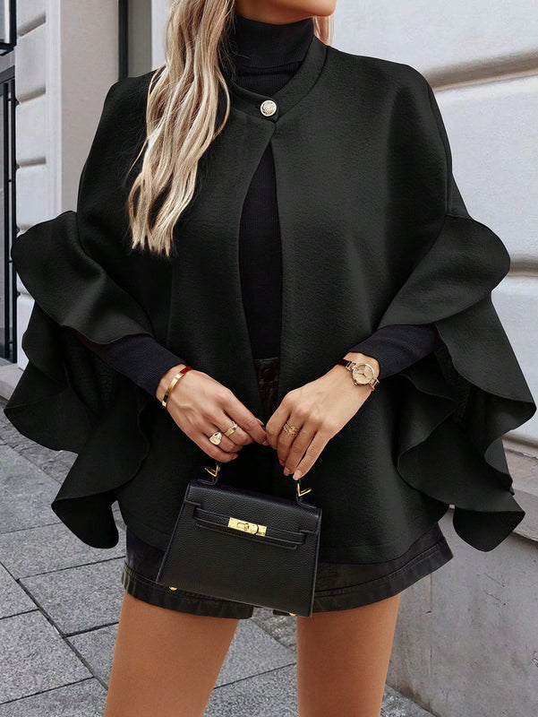 Clasi abrigo de lana elegante con cuello vuelto y abotonadura sencilla, en unicolor, para mujer, para otono/invierno