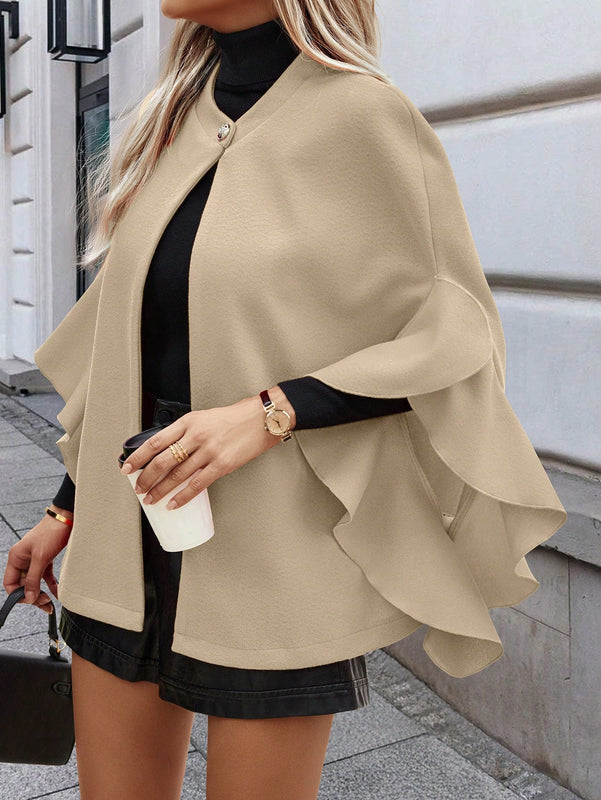 Clasi 1 pieza abrigo elegante de lana con un solo abotonadura, bajo con volantes y unicolor para mujer, otono/invierno