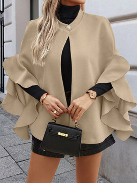 Clasi abrigo de lana elegante con cuello vuelto y abotonadura sencilla, en unicolor, para mujer, para otono/invierno