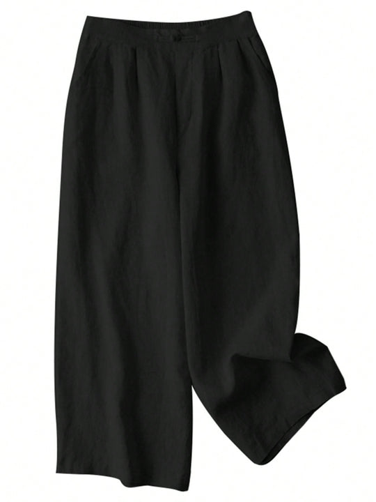 Zanzea pantalones anchos de pierna larga casuales y sueltos con cintura elastica de moda para mujer, pantalones chino de color solido