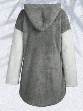 Sudadera con capucha remendada bordada de manga larga con dobladillo asimetrico de felpa, calida para el invierno