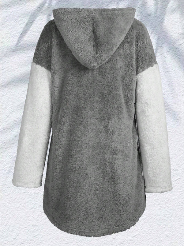 Sudadera con capucha remendada bordada de manga larga con dobladillo asimetrico de felpa, calida para el invierno