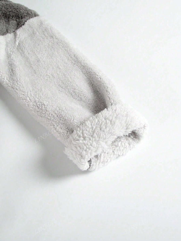 Sudadera con capucha remendada bordada de manga larga con dobladillo asimetrico de felpa, calida para el invierno