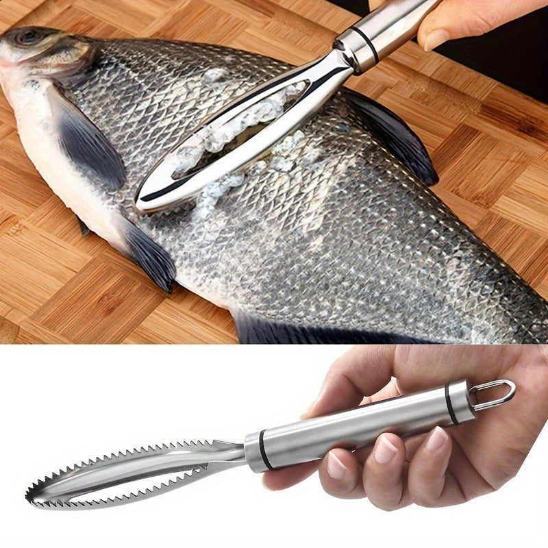 Juego de 2 piezas para procesar mariscos de acero inoxidable - 1 raspador de escamas de pescado y 1 gancho, herramienta para quitar escamas de pescado, utensilio de cocina multifuncional ideal para uso doméstico y profesional, duradero y fácil de limpiar
