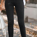 Pantalones casuales acortados de mujer de unicolor con bolsillos elasticos, con cremallera decorativa