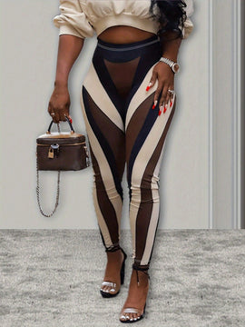 Pantalones informales con bloque de color y pespuntes, con efecto moldeador y elasticidad, pantalones sexy, ropa de mujer