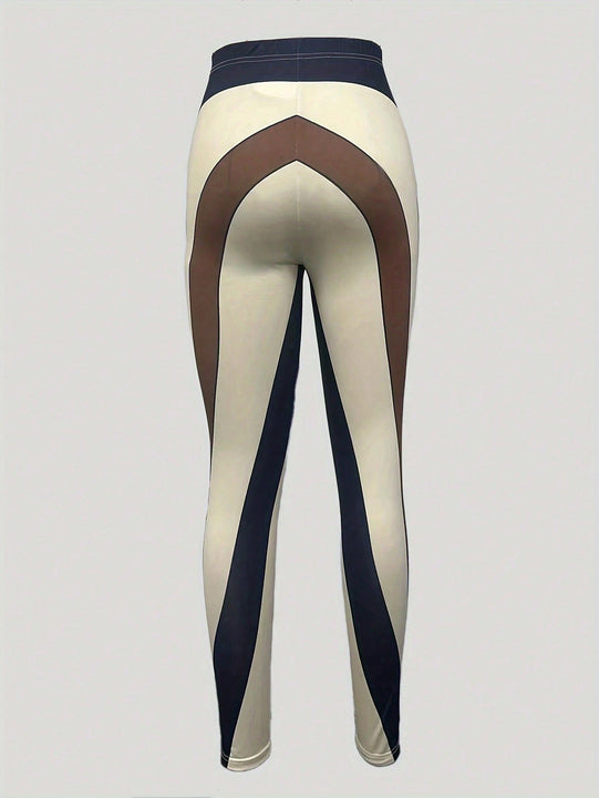 Pantalones informales con bloque de color y pespuntes, con efecto moldeador y elasticidad, pantalones sexy, ropa de mujer