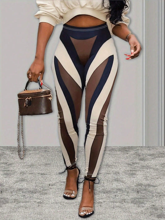 Pantalones informales con bloque de color y pespuntes, con efecto moldeador y elasticidad, pantalones sexy, ropa de mujer