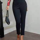 Apperloth a pantalones elasticos de tiro alto informales con bolsillo sesgado, cintura elastica y bajo asimetrico en forma de zanahoria