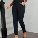 Apperloth a pantalones elasticos de tiro alto informales con bolsillo sesgado, cintura elastica y bajo asimetrico en forma de zanahoria