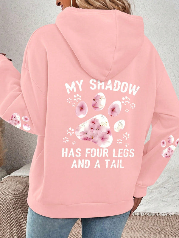 Lune sudadera con capucha informal para mujer con estampado de letra y pata de perro, para otono/invierno