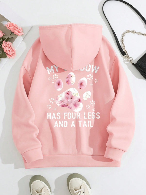 Lune sudadera con capucha informal para mujer con estampado de letra y pata de perro, para otono/invierno