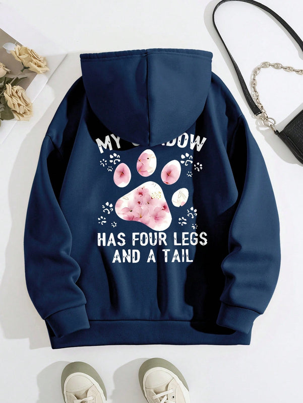Lune sudadera con capucha informal para mujer con estampado de letra y pata de perro, para otono/invierno