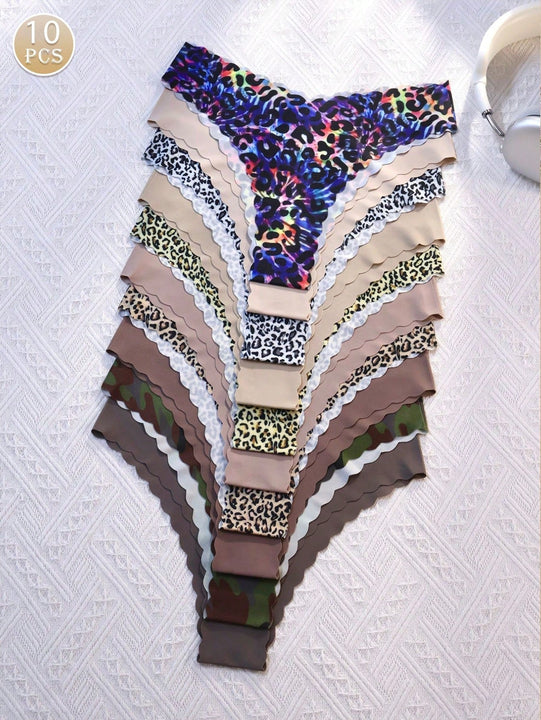 Paquete de 10 bragas con estampado de onda sin costuras para mujer, estampado de leopardo y unicolor, tejido suave y transpirable, ropa interior sexy para damas