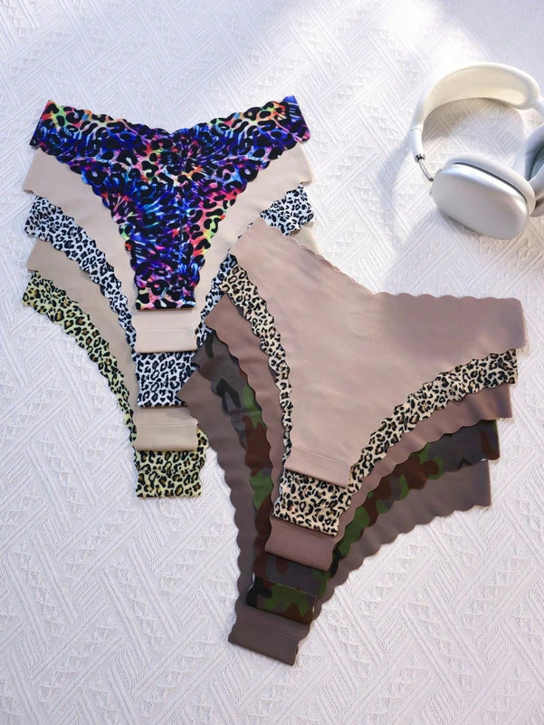 Paquete de 10 bragas con estampado de onda sin costuras para mujer, estampado de leopardo y unicolor, tejido suave y transpirable, ropa interior sexy para damas