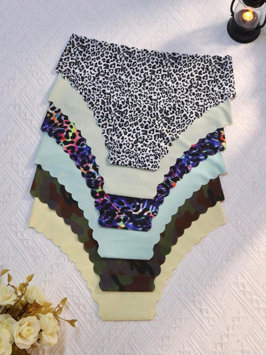 6 piezas de bragas femeninas sin costuras con borde ondulado triangular, ropa interior respirable y comoda con estampado de leopardo invisible