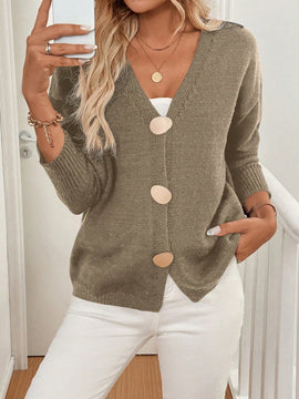 Lune cardigan casual de una sola botonadura de manga larga con caida en los hombros, de color liso, para otono/invierno, para mujer