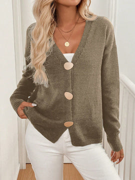 Lune cardigan de punto de manga larga con cuello en v y botones frontales, de corte casual