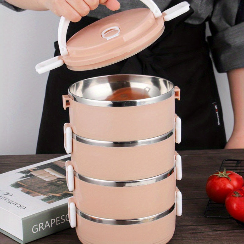 Lonchera de Acero Inoxidable de Gran Capacidad - Diseño Redondo con Asa y Tapa Blanca, Multi-Capa, Ideal para la Escuela, Trabajo, Camping y Picnics - Duradera y Fácil de Limpiar