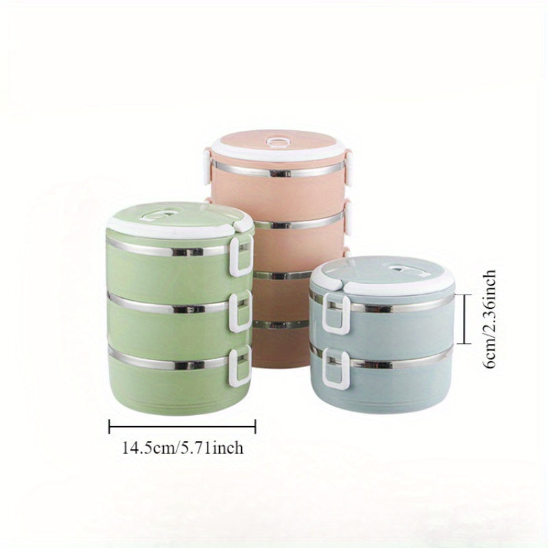 Lonchera de Acero Inoxidable de Gran Capacidad - Diseño Redondo con Asa y Tapa Blanca, Multi-Capa, Ideal para la Escuela, Trabajo, Camping y Picnics - Duradera y Fácil de Limpiar
