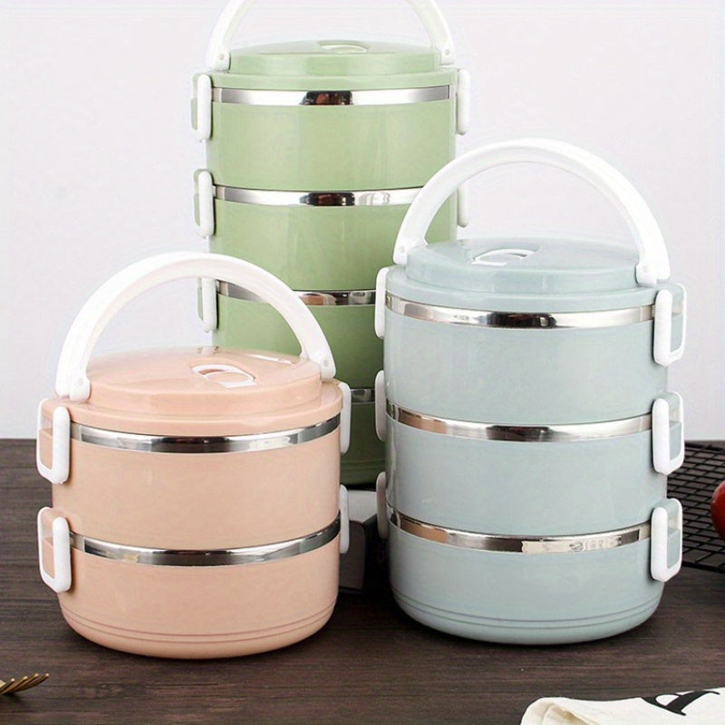 Lonchera de Acero Inoxidable de Gran Capacidad - Diseño Redondo con Asa y Tapa Blanca, Multi-Capa, Ideal para la Escuela, Trabajo, Camping y Picnics - Duradera y Fácil de Limpiar