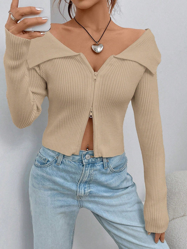 Ezwear chaqueta tipo cardigan de ajuste cenido con hombros descubiertos y cremallera