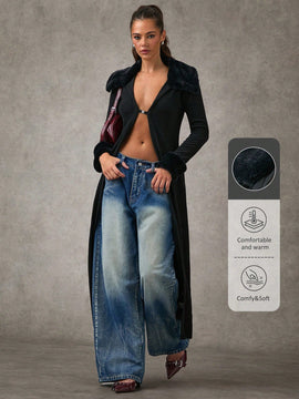 Bae blazer de manga larga con cuello afelpado de unicolor y parches, chaqueta para mujer en otono/invierno, sueteres de otono, ropa de mujer de invierno, sueter oversize, ropa y2k, sueter tipo cardigan estilo renacimiento