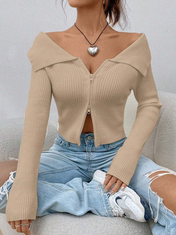 Ezwear chaqueta tipo cardigan de ajuste cenido con hombros descubiertos y cremallera