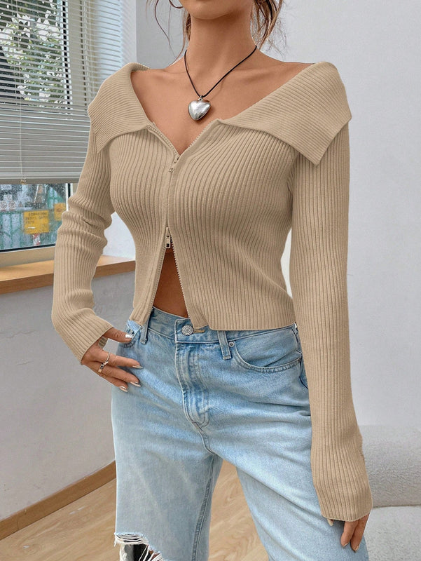 Ezwear chaqueta tipo cardigan de ajuste cenido con hombros descubiertos y cremallera