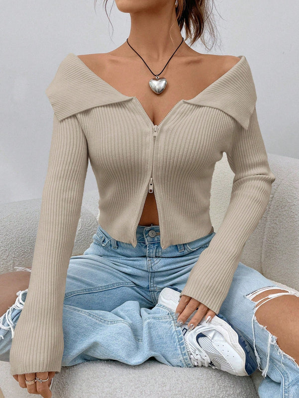 Ezwear chaqueta tipo cardigan de ajuste cenido con hombros descubiertos y cremallera