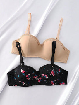 Set de 2 sujetadores de moda con estampado floral y de unicolor con encaje a contraste para mujeres