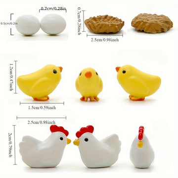 8 piezas de juego de familia de pollo mini de resina - Accesorios para jardín de hadas para patio, césped y escritorio, kit de regalo DIY perfecto, decoración de pollo
