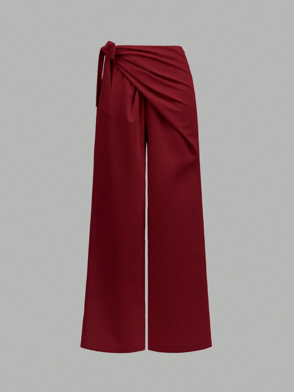 Prive pantalones anchos de cintura alta de apariencia de lino caqui para mujer