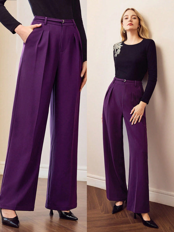 Motf premium pantalones de pierna ancha con pliegues plegados, bolsillos inclinados, cinturon