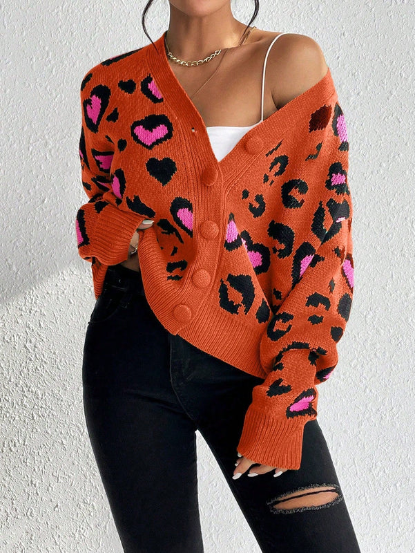 Essnce cardigan de manga larga con hombros caidos y estampado de leopardo para mujer, otono/invierno