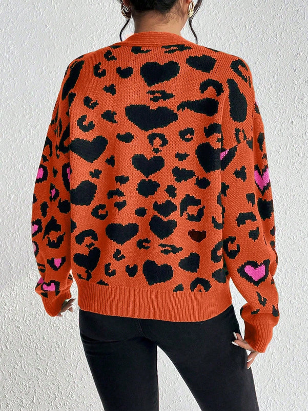 Essnce cardigan de manga larga con hombros caidos y estampado de leopardo para mujer, otono/invierno