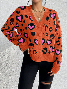 Essnce cardigan de manga larga con hombros caidos y estampado de leopardo para mujer, otono/invierno