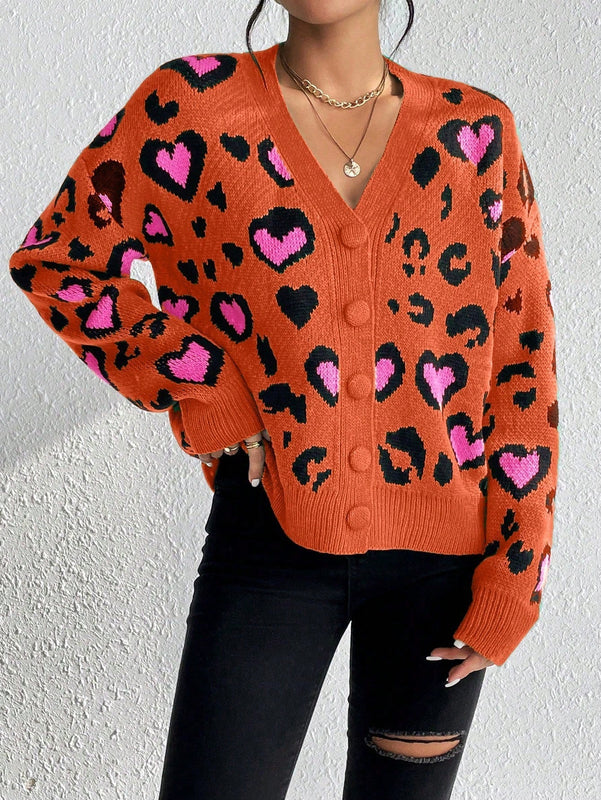 Essnce cardigan de manga larga con hombros caidos y estampado de leopardo para mujer, otono/invierno