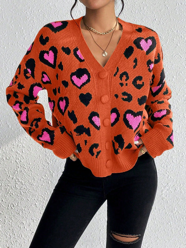Essnce cardigan de manga larga con hombros caidos y estampado de leopardo para mujer, otono/invierno