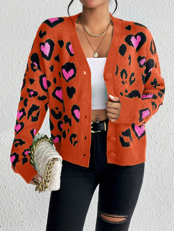 Essnce cardigan de manga larga con hombros caidos y estampado de leopardo para mujer, otono/invierno