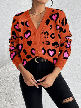 Essnce cardigan de manga larga con hombros caidos y estampado de leopardo para mujer, otono/invierno