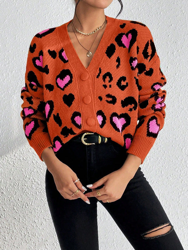 Essnce cardigan de manga larga con hombros caidos y estampado de leopardo para mujer, otono/invierno