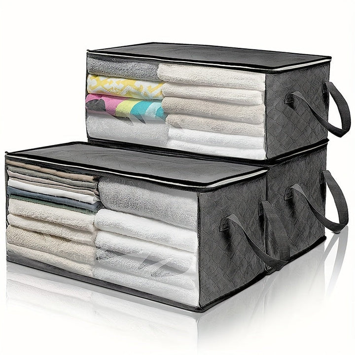 Cajas de almacenamiento plegables de gran capacidad de 54L, gris, rectangulares, estilo contemporáneo, tela duradera, ventana transparente, asas resistentes, multiusos para armario, dormitorio, organización del hogar, ropa, ropa de cama, almohadas, peluc